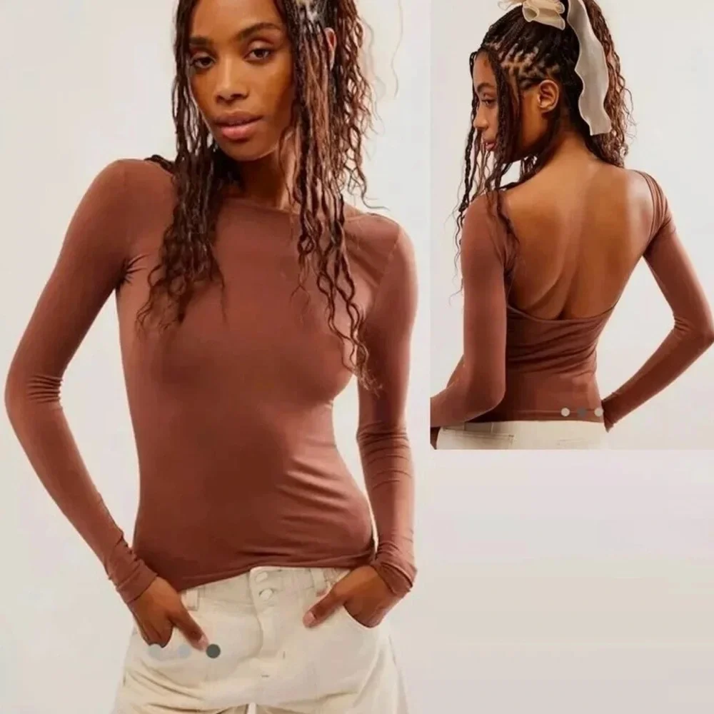 FREE PEOPLE Intimately Low-Back Seamless Long Sleeve Brown Top Size XS/S NWOT